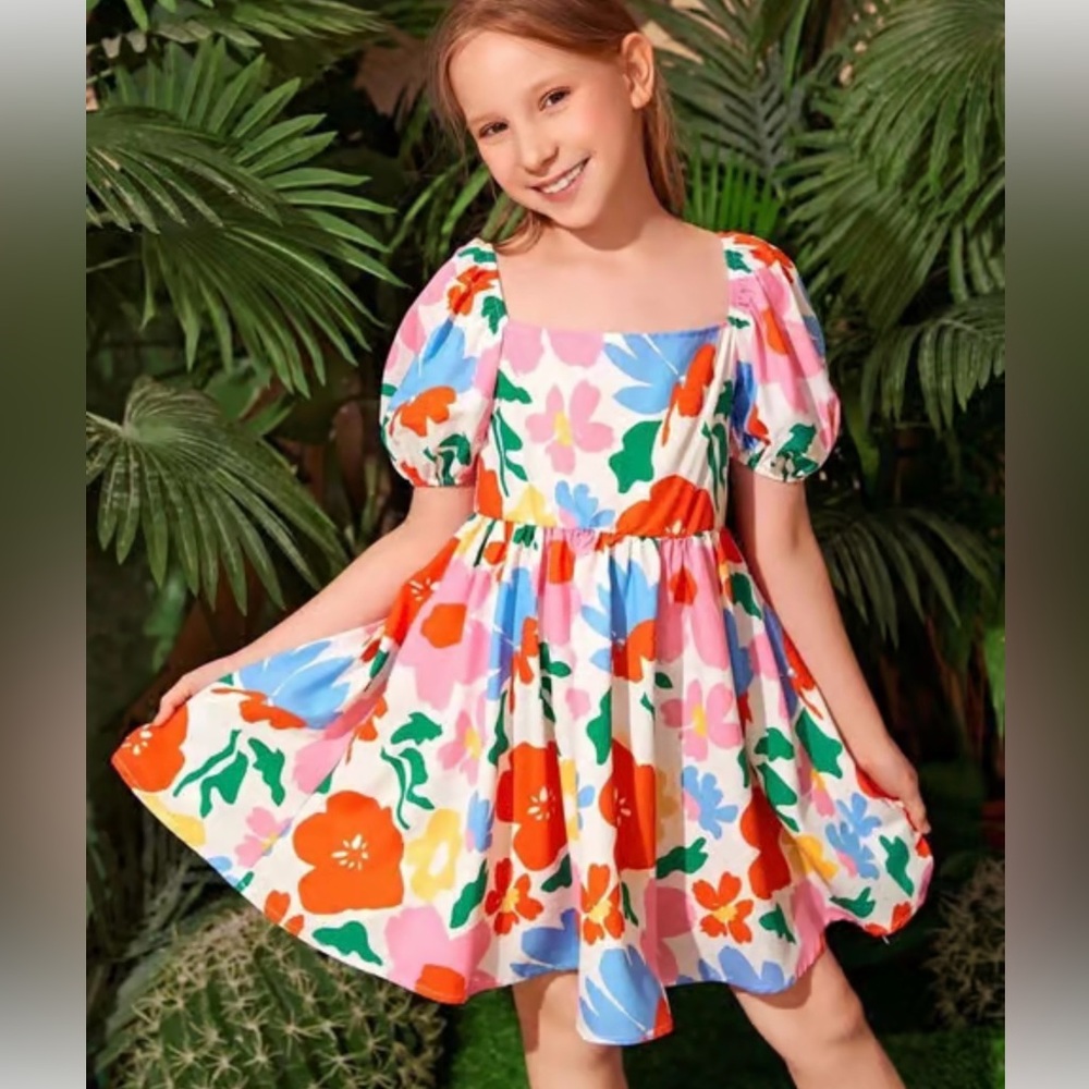 Poppies and Roses Colorful Floral Puff Sleeve girls Dress